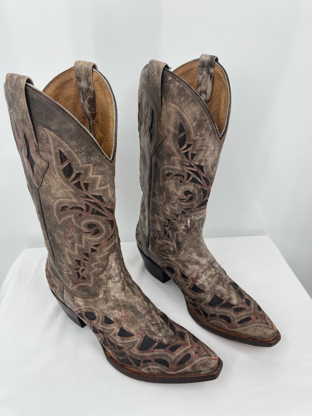 RESISTOL LEATHER Men Weathered Brown Western Cowboy Boots with Cutout Stitching